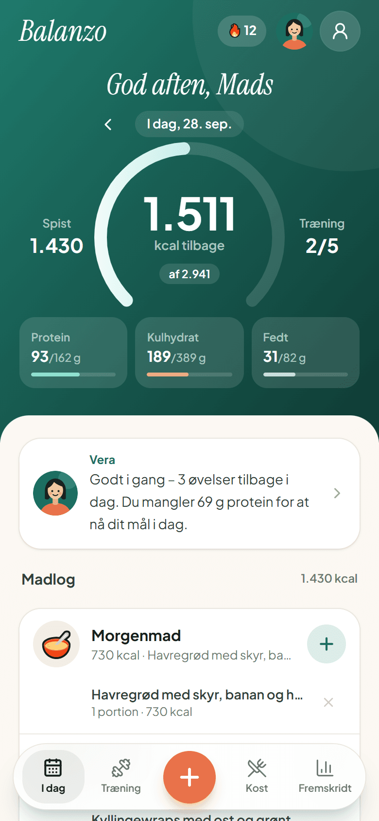 The Balsano diary with calories left, macros and today’s meals