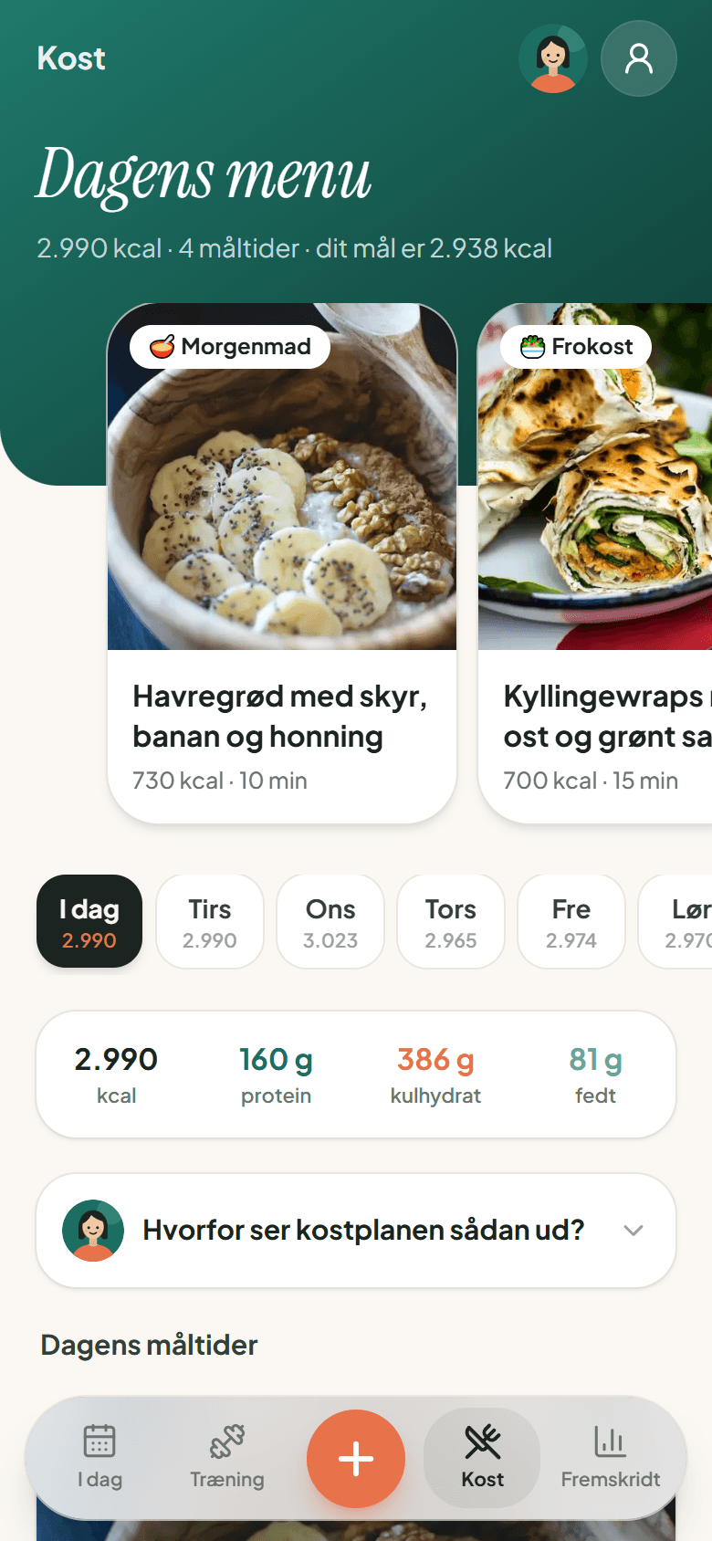 Today’s menu from the meal plan with dishes, calories and macros